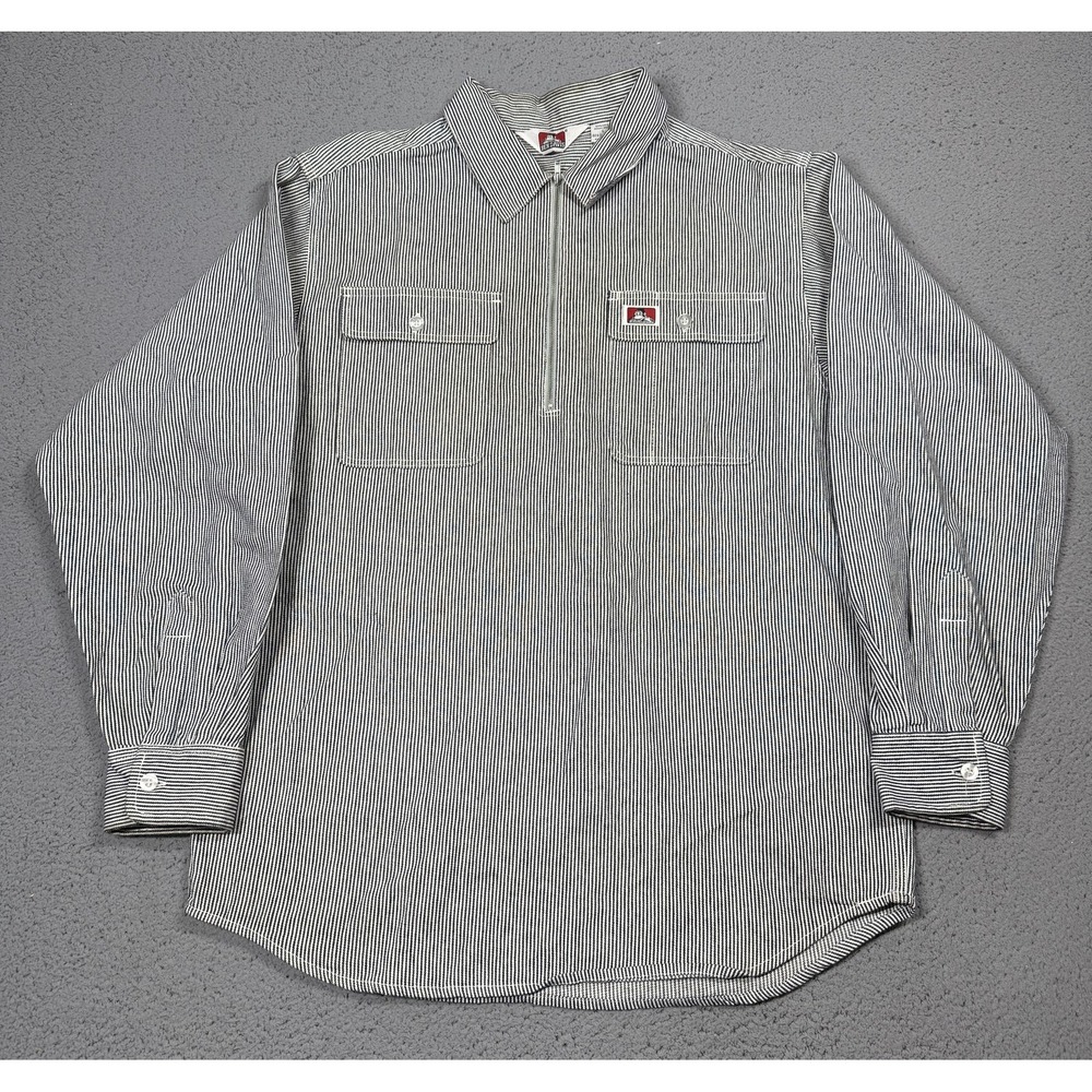 Ben Davis Shirt Mens Large Blue Striped Long Sleeve 1/2 Zip Workwear Heavyweight